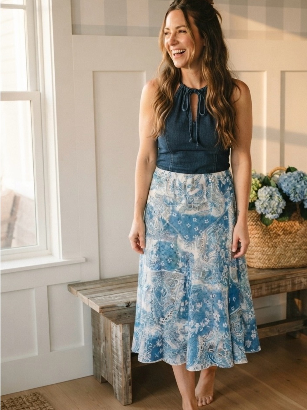 Coldwater Creek Blue Paisley Patchwork Midi Skirt with Cream Accents Medium